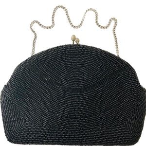 Retro Black Beaded Kiss Lock Evening Bag